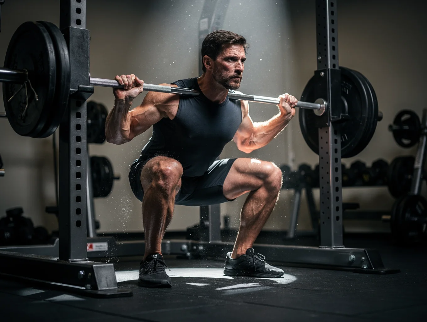 Individual executing disciplined barbell movement in a simple gym space