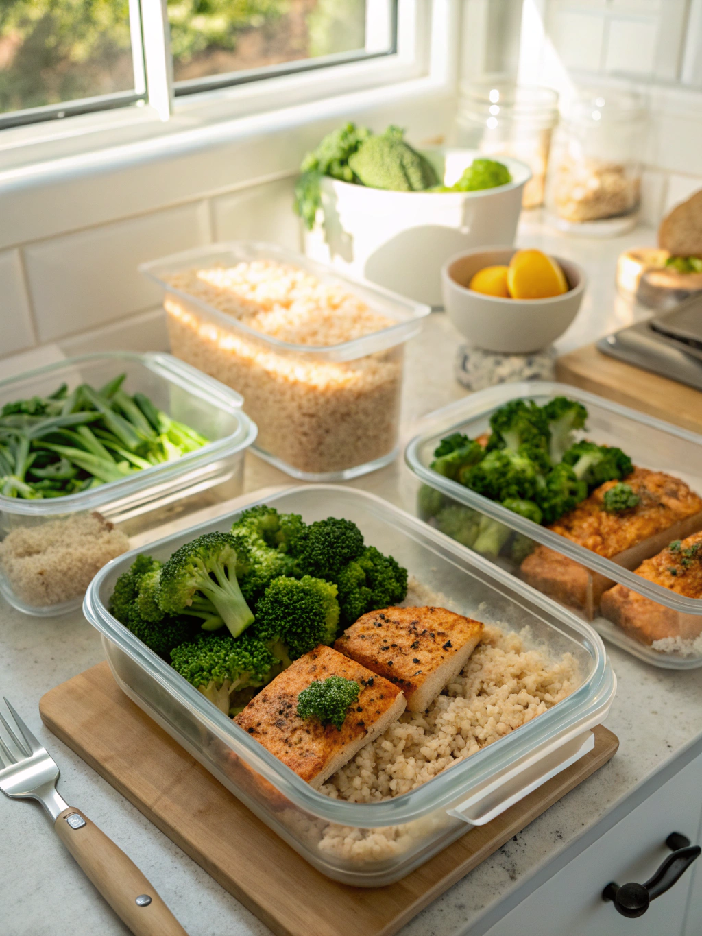 Documentary style meal prep with fresh whole foods and structured portioning
