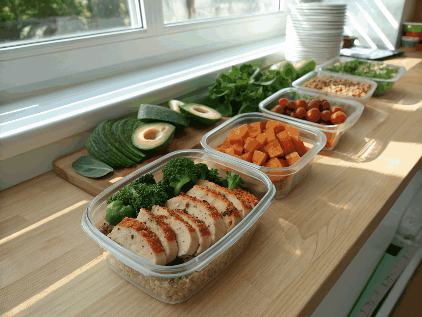 Balanced whole food ingredients prepared in natural light on a kitchen workspace